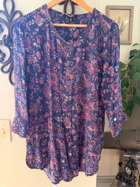 Nine West Navy Floral Button-Front Long Sleeve Tunic Dress